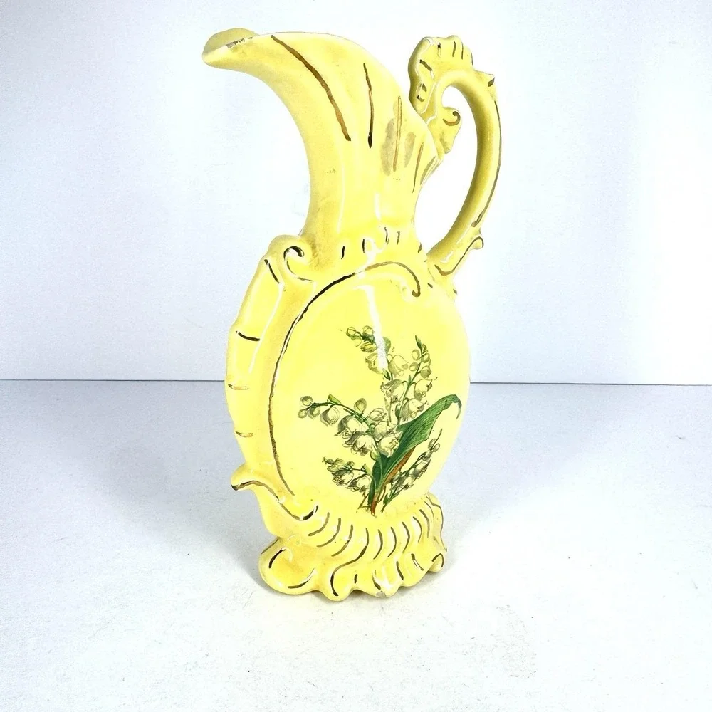 Yellow Ceramic Ewer‎ Pitcher Vase Ornate Floral Scrollwork Rococo Cottage Decor